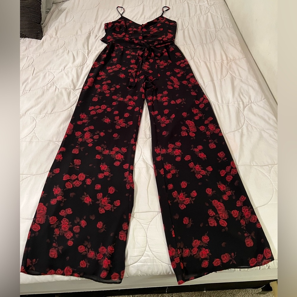 ((SOLD))Michael Kora black with red roses jumpsuit